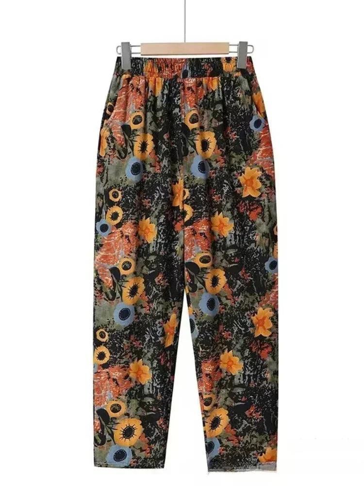 Fashion printed cotton linen harem pants for women 2025 summer casual high waist calf-length loose trousers female