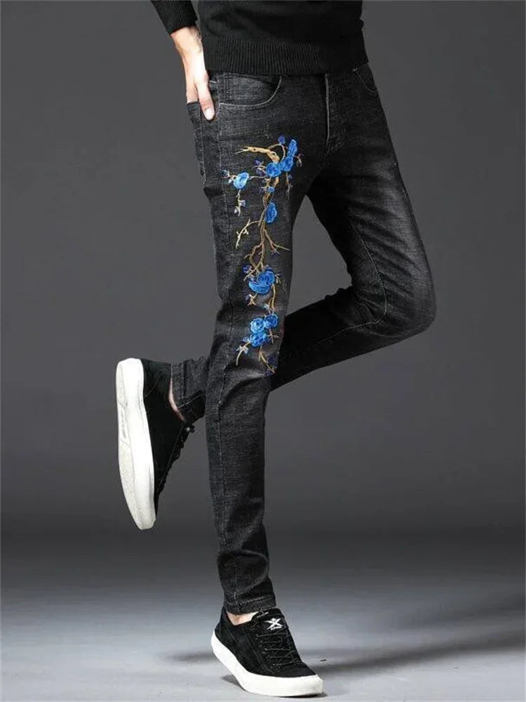 Men's Chinese Dragon Embroidery Jeans Fashion Kylin Embroidered Slim Pencil Pants Stretch Denim Trousers jeans for men pants