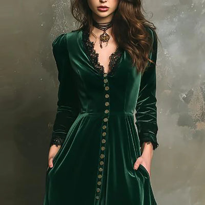 Women's Vintage Gothic Velvet Dress Solid Long Sleeves V Neck Button Lace Trim Midi Dress Pockets Elegant Party Evening Dresses
