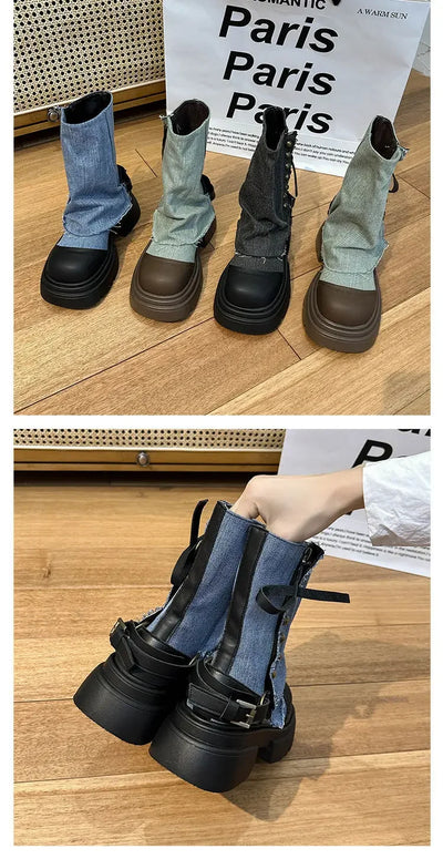Women Boots British Fashion Pants Leg Boots  New Thick Soled Rivet Zipper Belt Buckle Platform Anti Slip Cowboy Short Boots