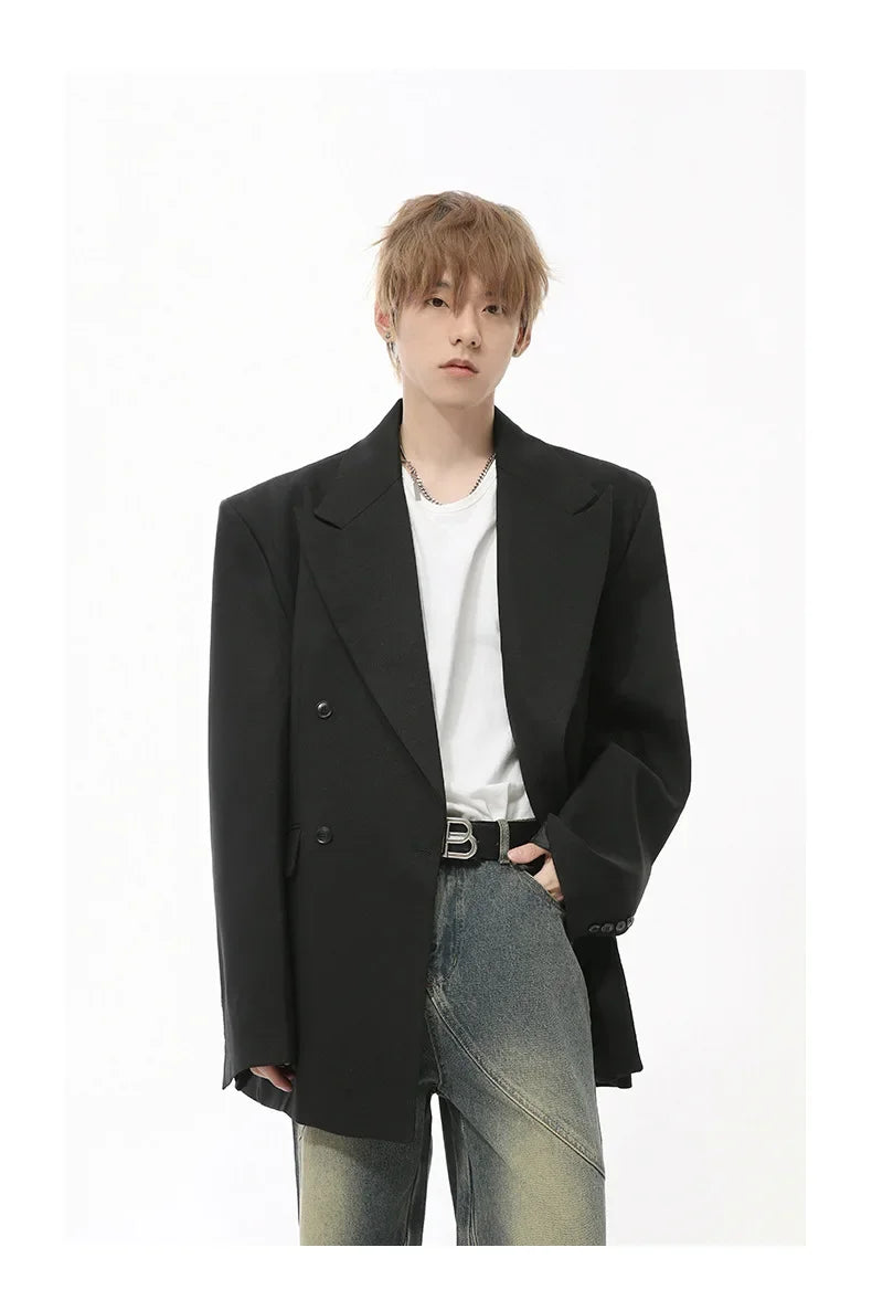 IEFB Korean Style Men's Blazers Double Breasted Shoulder Padded Tops Turn-down Collar Solid Color Loose Male Suit Jackets 9C8669