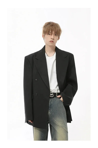 IEFB Korean Style Men's Blazers Double Breasted Shoulder Padded Tops Turn-down Collar Solid Color Loose Male Suit Jackets 9C8669