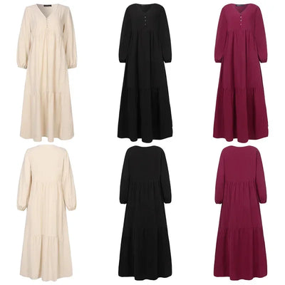 Vintage Cotton Linen Long Sleeve Dress Women Casual Autumn Maxi Robe V Neck Tiered Loose Vestido