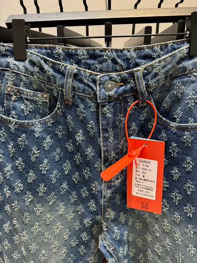 European Designer Jeans Men Ripped Holes Washed Baggy Pants New Fall Straight Fit Wide Leg Bottoms