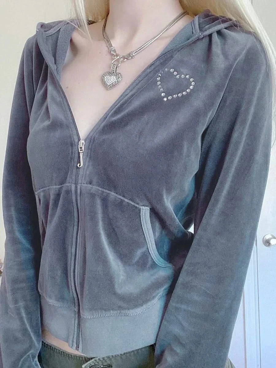 Women Velvet Coats Casual Gothic Grunge Y2K Aesthetic Clothes Zip Up Hooded Sweatshirt Jackets  Autumn Outerwear