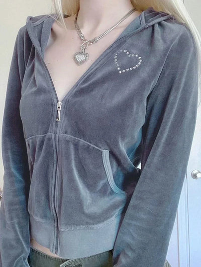 Women Velvet Coats Casual Gothic Grunge Y2K Aesthetic Clothes Zip Up Hooded Sweatshirt Jackets  Autumn Outerwear