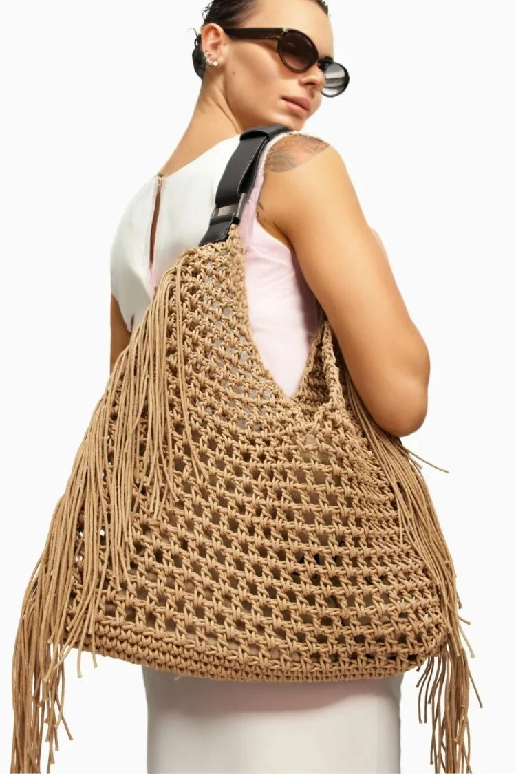 Designer luxury tote bag women 2025 new large capacity bohemian style beach handmade woven hollow out tassel shoulder