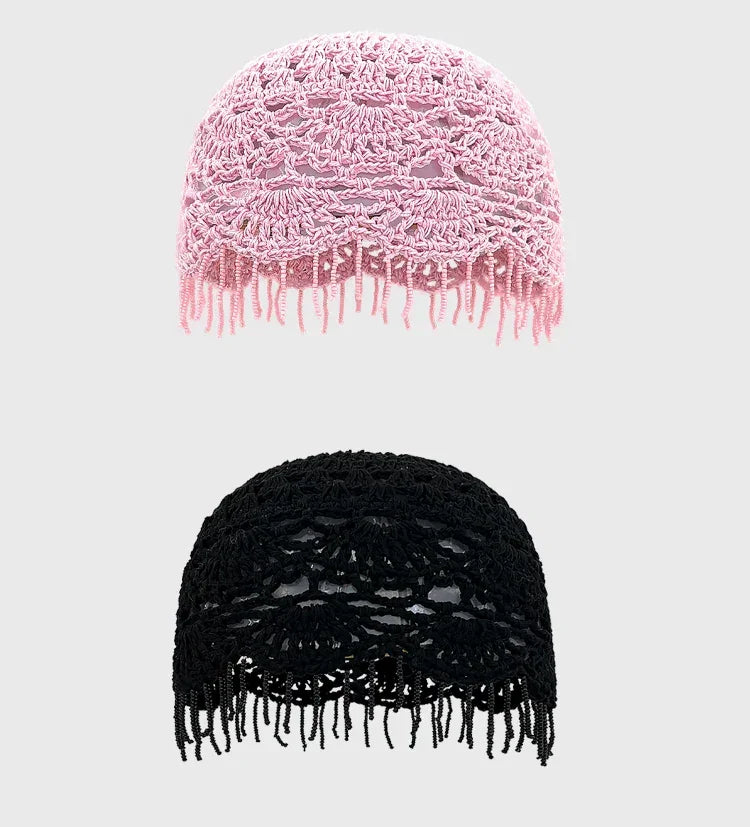 Personalized Beaded Fringed Knitted Beanies for Women Summer Autumn Thin Hollow Versatile Casual Retro Ethnic Style Pullover Hat