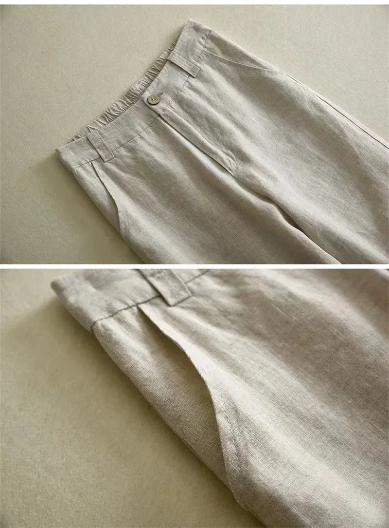 Women's Cotton Linen Straight Trousers Elastic High Waist Wild Wide Leg Pants Female Spring Summer Solid Color Loose Linen Pants