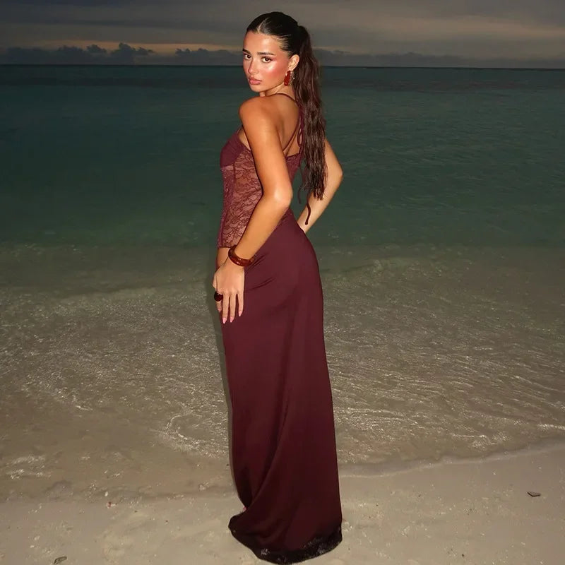 Lace-up Long Dresses For Women Evening Party Clothing Asymmetrical Lace Bodycon Vestidos De Mujer Sleeveless Robe Femme Été