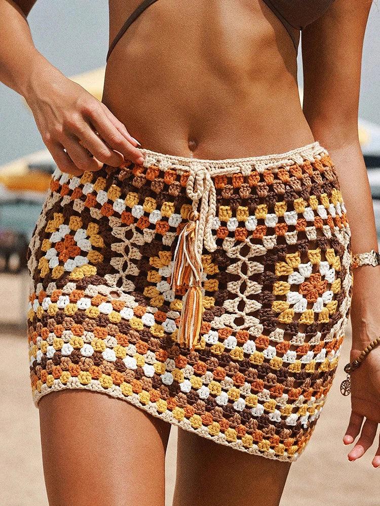 Cover Up Skirt Summer Floral Crochet Cover Up Mini Skirt Hollow Out Knit Bikini Swimsuit Coverups Skirt Vacation Beach Skirts