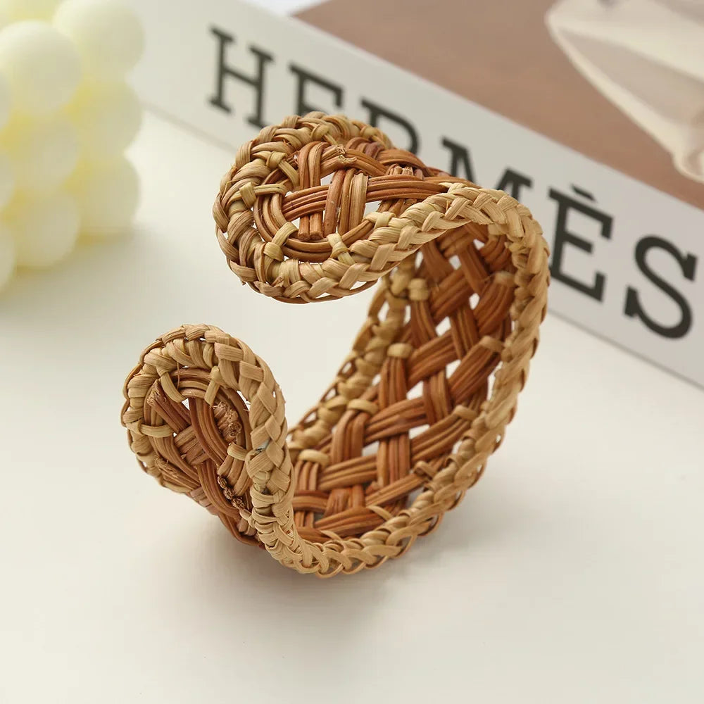 Bohemian Female Fashion Wood Bamboo Rattan Weave Handmade Bangles Big Bracelets For Women Boho Beach Style Ladies Jewelry Gifts
