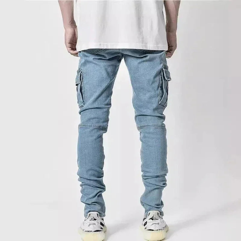 Men Street Elastic Denim Jeans Wash Solid Color Multi Pockets Cargo Pants Casual Slim Fit Daily Wear Joggers Mid Waist Trousers