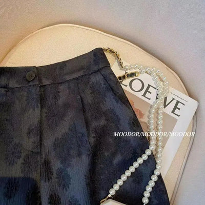 New Chinese Retro Jacquard Shorts  Women with High Waist Casual Loose Design A-line Wide-leg Pants