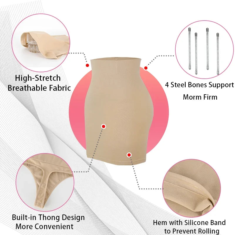Women Sexy High Waist Dress Half Slip Shapewear Built-in Thong Seamless Body Shaper Knee Length Butt Lifter Anti-Slip Skirt