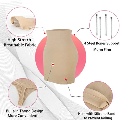 Women Sexy High Waist Dress Half Slip Shapewear Built-in Thong Seamless Body Shaper Knee Length Butt Lifter Anti-Slip Skirt