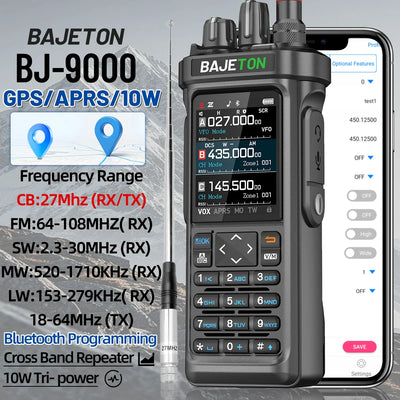 BAJETON BJ-9000 GPS APRS Walkie Talkies 10W CB 27Mhz CB/SSB/HF Receive Bluetooth Programming NOAA ShortWave For RT-950 Ham Radio
