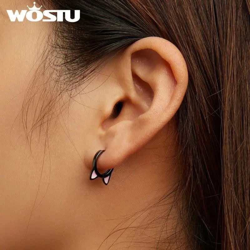 WOSTU Real 925 Sterling Silver Cat Ear Hoop Earrings For Women