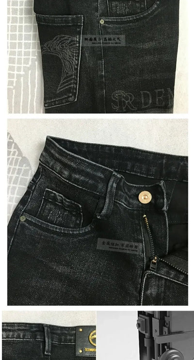 Fashion Original Luxury Boyfriend Black Harajuku Stretch Designer Eagle Printed Cowboy Graphic Jeans for Men Denim Trousers Male