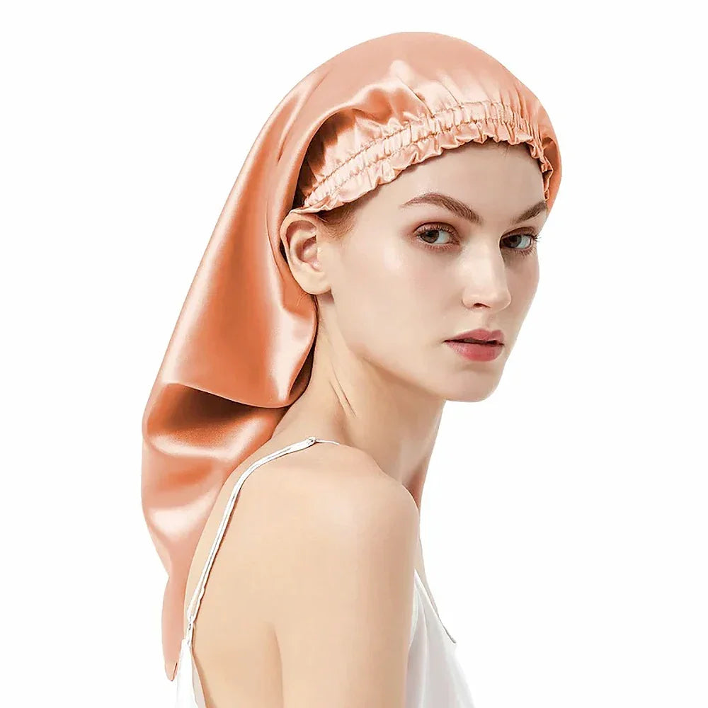 100% Pure Mulberry Silk Bonnet Sleep Hair Cap Long Bonnets Hair Wrap Adjustable Straps for Long Curly Hair Braid 19 Momme