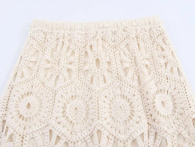 Summer Bohemian Women Loose DRESS Suits Hook Flower Hollow Out Bat Sleeve Shirt+Tassels Drawstring Bodycon Skirt Vacation Sets