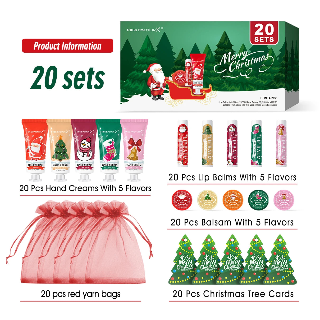 Christmas gift set -100 pieces/box batch lipstick, hand cream, balm, Christmas tree card and red organza bag