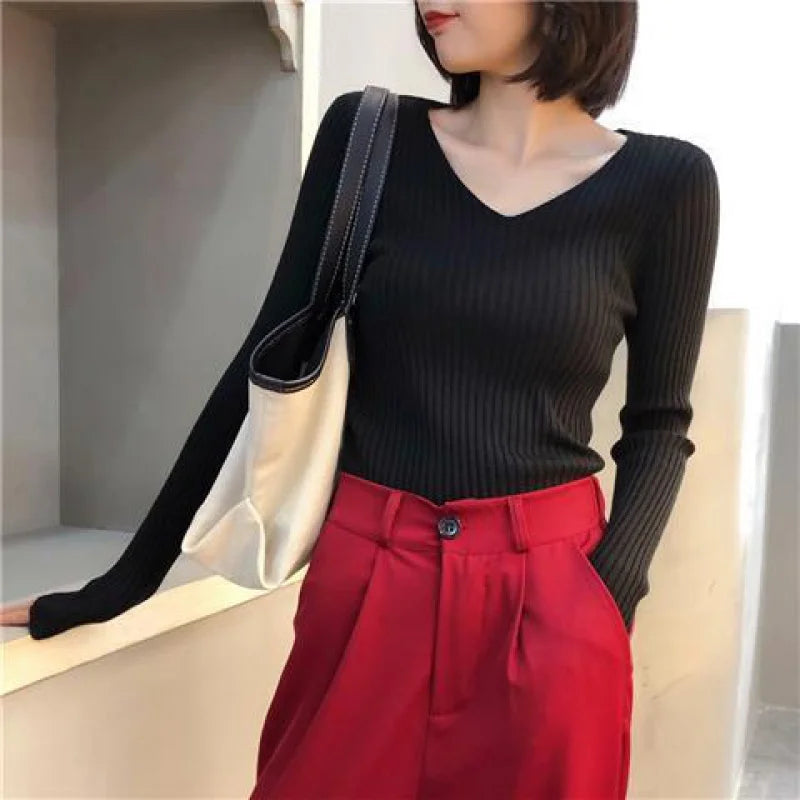 Autumn Women Sweaters Casual Long Sleeve Knitted V Neck Pullover Sweater Winter Femme Solid Jersey Tops Fashion Clothes