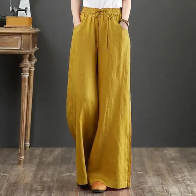 Women Wide Leg Pants Solid Loose Length Pants Cotton Linen Elastic Waist Casual Pants Vintage Mid Waist Pants 5XL