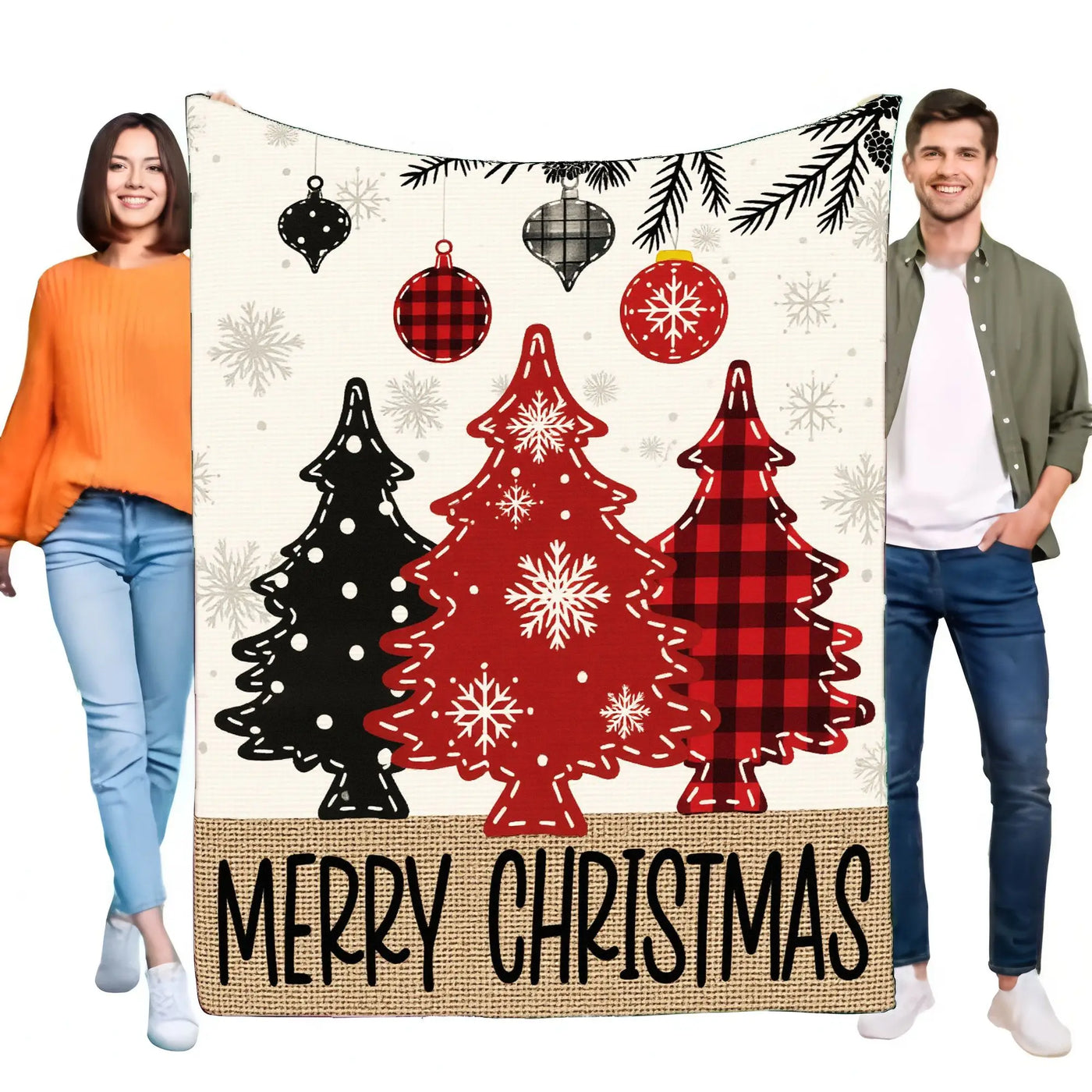 Merry Christmas Fleece Blanket Cozy Holiday Throw for Sofa Bed, Soft Warm Decor with Cute Christmas Trees and Ornaments, Perfect
