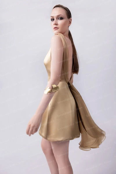 Golden Satin Asymmetric Neckline A-Line Knee-Length Formal Dress for Women's Elegant Party Evening Gown Fashion Ever Pretty