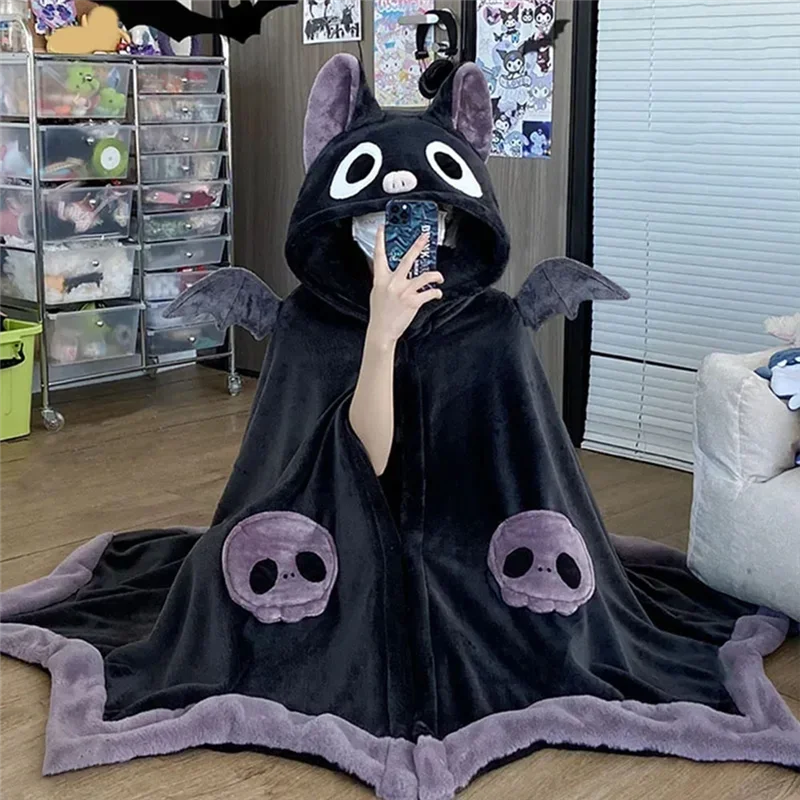 HHO-Cute Halloween Wearable Blanket Hoodie For Halloween Cosplay Soft Hooded Bat Cape