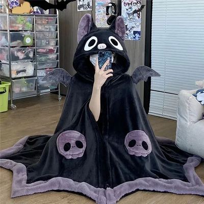 HHO-Cute Halloween Wearable Blanket Hoodie For Halloween Cosplay Soft Hooded Bat Cape