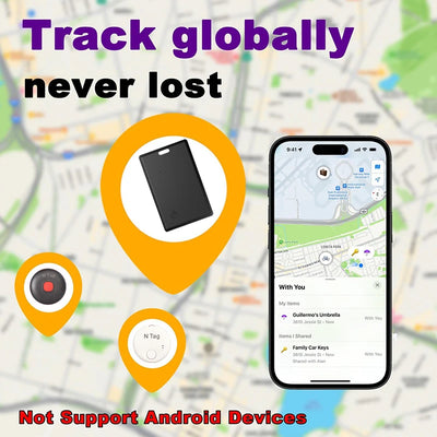 Black rectangular Slim Wallet Tracker Card with orange pin and red lens