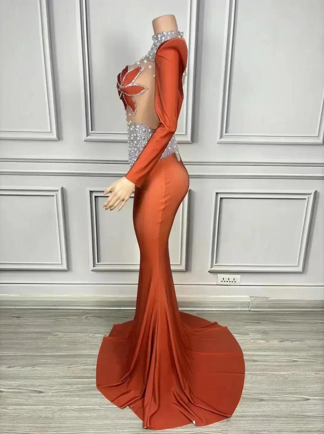 Women luxury evening party elegant gowns sing stage performance costume white pearls see through mesh maxi long dresses