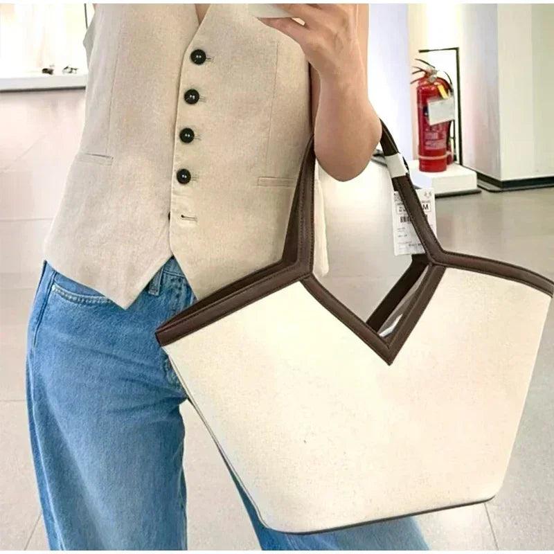 Fashion brand designer tote bags light luxury high-end v-shaped handbag simple versatile canvas bag large capacity