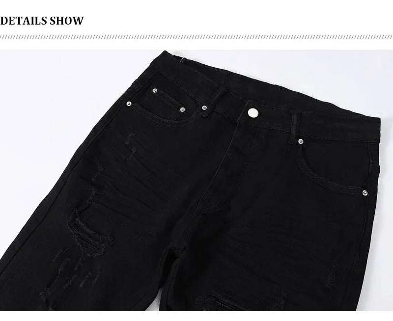 Fashion Designer Men Jeans High Quality Black Stretch Skinny Fit Leather Patched Ripped Jeans Men Y2K Brand Hip Hop Denim Pants