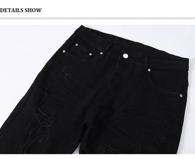 Fashion Designer Men Jeans High Quality Black Stretch Skinny Fit Leather Patched Ripped Jeans Men Y2K Brand Hip Hop Denim Pants