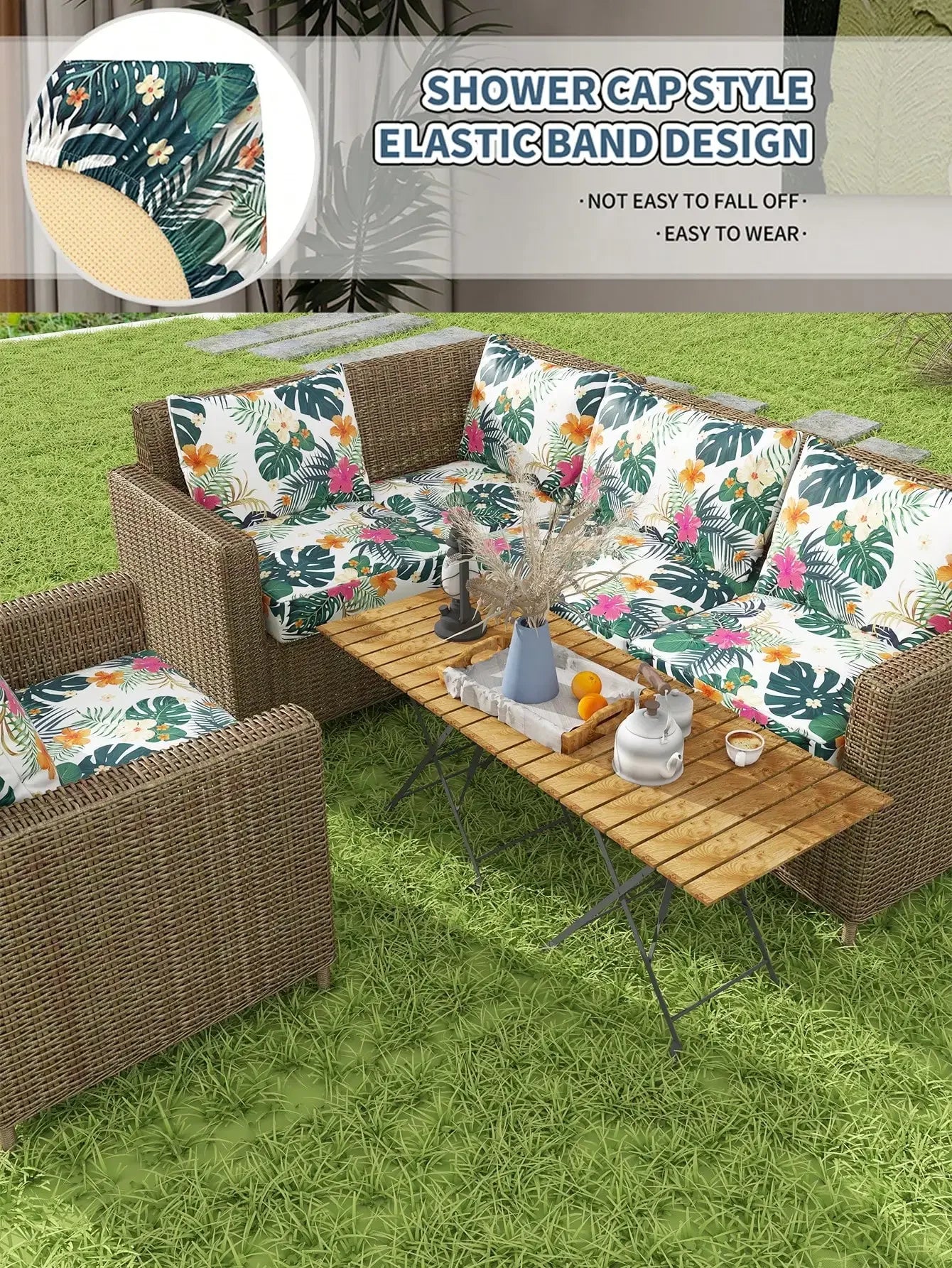 Outdoor Tropical Print Sofa Cushion Covers - Non-Slip Furniture Protectors, Replacement for Individual Seat Cushions