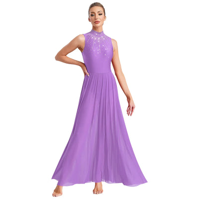 Women Lyrical Contemporary Ballroom Modern Dance Costume Dancing Prom Gown Side Split Maxi Dress for Ballet Gymnastics Skating