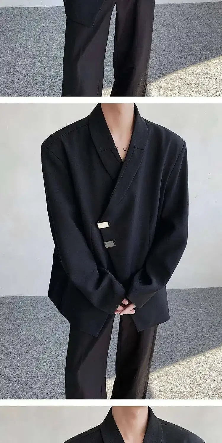 IEFB Metal Button Design Men's Blazers Shawl Collar Oblique Placket Design Casual Clothing Solid Color Male Suit Jackets 9W957
