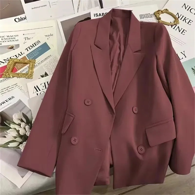 Women's Blazer Double Breasted Office Wear Suit Coats 2025 Fashion Jackets Long Sleeve Flap Pockets Chic Female Outerwear