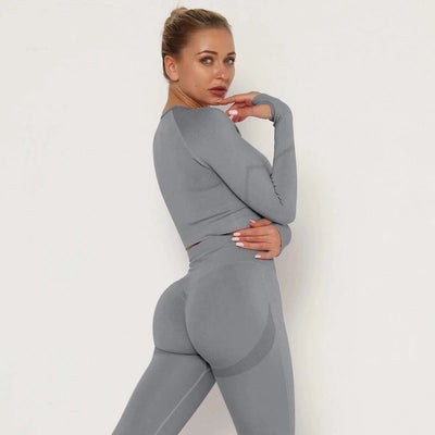 Woman Sports Yoga Top Knitted Shirt Seamless Athletic Crop Top  Long Sleeve