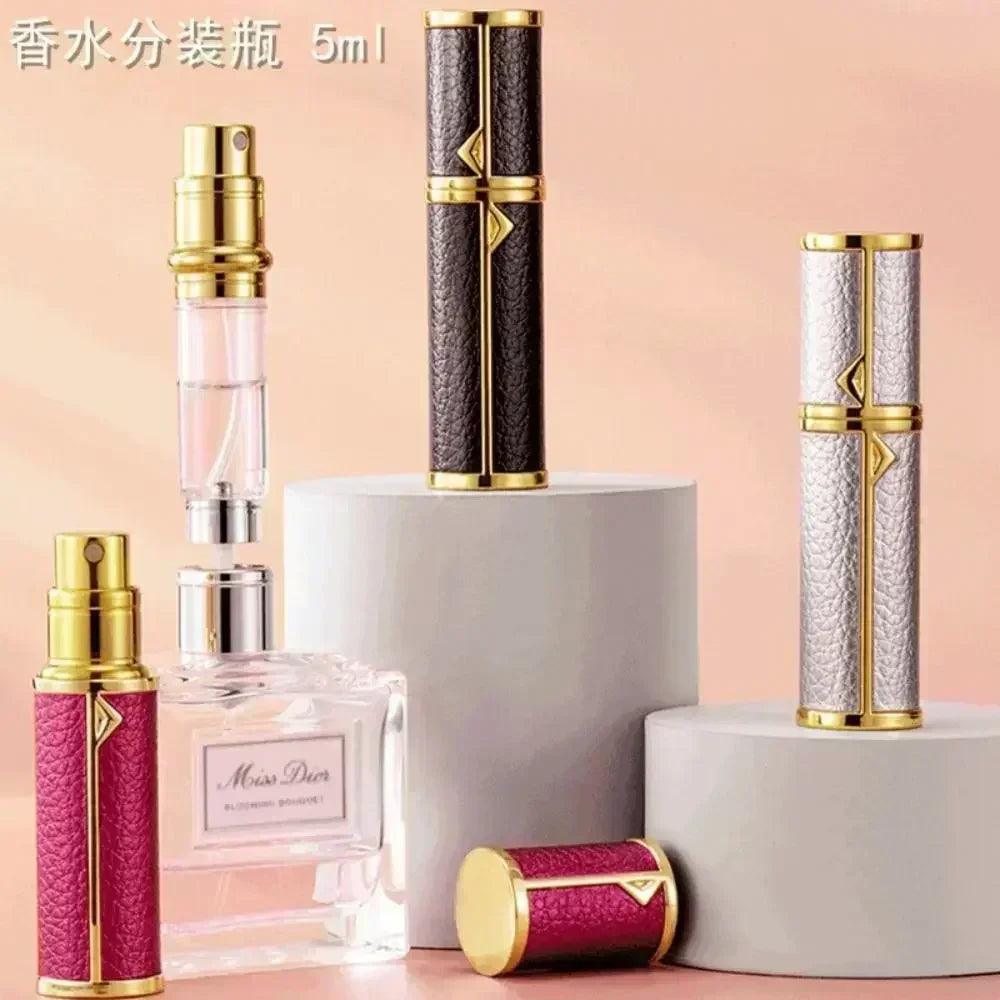 Luxury bottom-filled perfume bottle aluminum self-pumping 5ml real leather spray cologne moisturizer fragrance