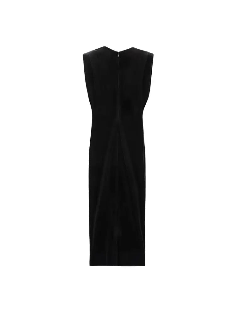 Women's Draped Velvet Midi Dress with Buttons, V Neck, Sleeveless, Female Dresses, Chic Fashion