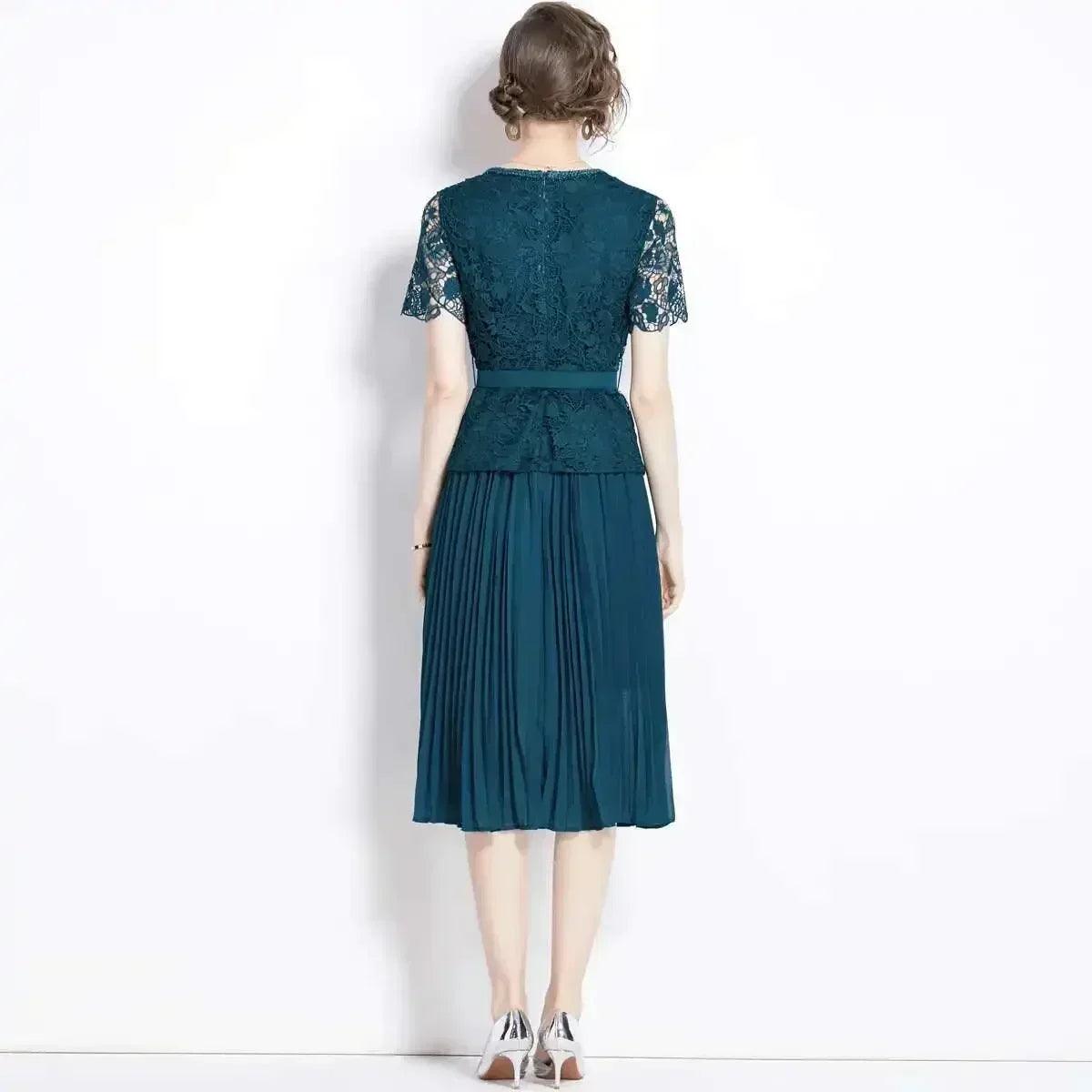 Luxury evening dress women summer vacation short sleeve pleated lace chiffon long dresses white single breasted midi