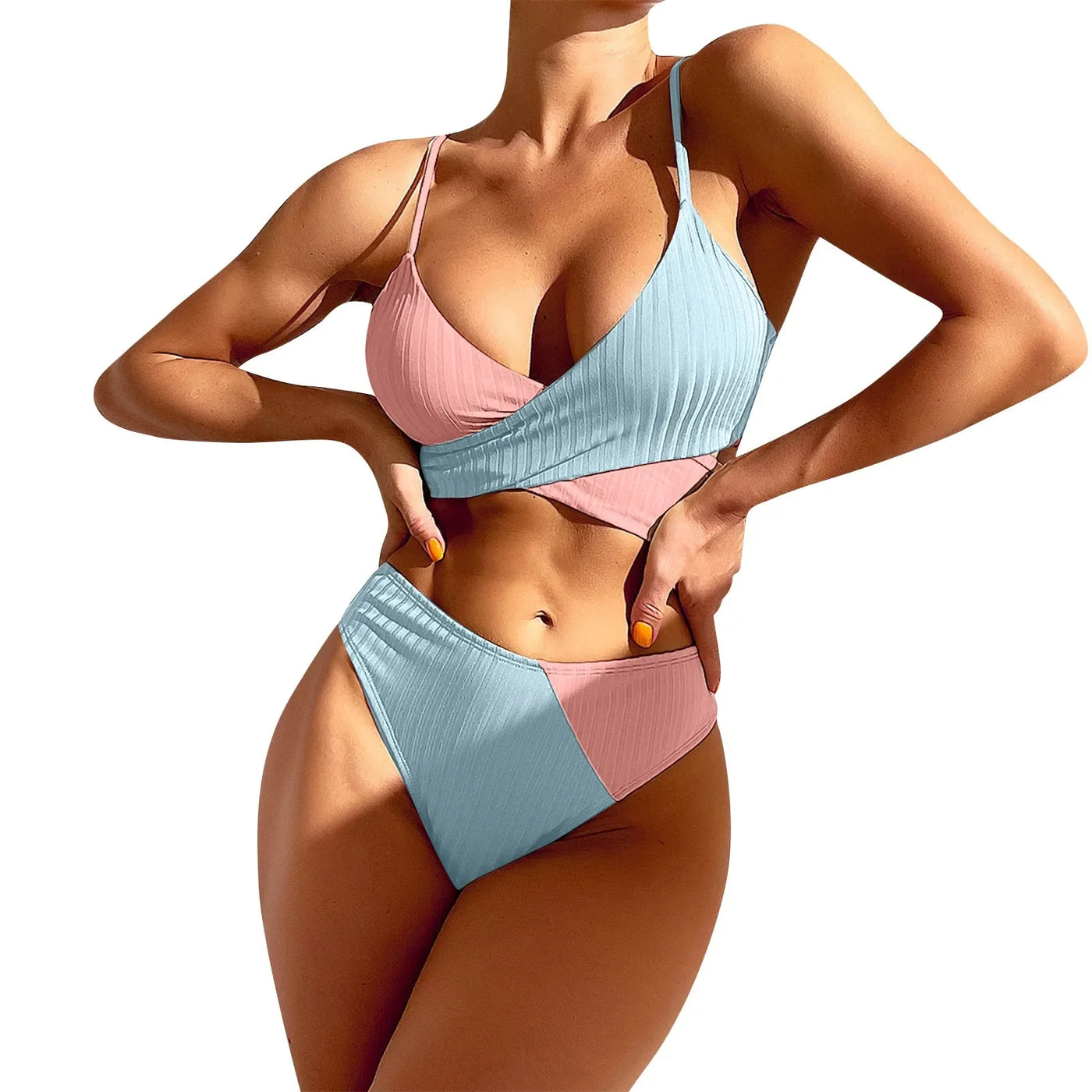 Summer Ladies Sexy High Waist Print Two Piece Bikini Sets Biquini Women Swimsuit Clothing Set Color Block Mujer Swimwear Suits