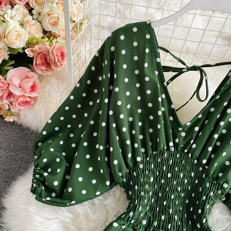 V Neck Sexy Dolman Sleeves Waist Slim Polka Dot Print Jumpsuit Women Wide Leg Trousers Jumpsuit