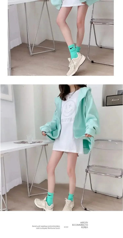 Casual Zip up Hooded Sweatshirt Candy Colour for Women Tops