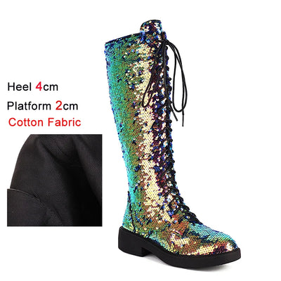 Knee-High Boots Women Flat Gothic Fashion Low Heel Shoes Autumn Winter Sequins Heels Bling Bling Silver Luxury Womens Long Boots