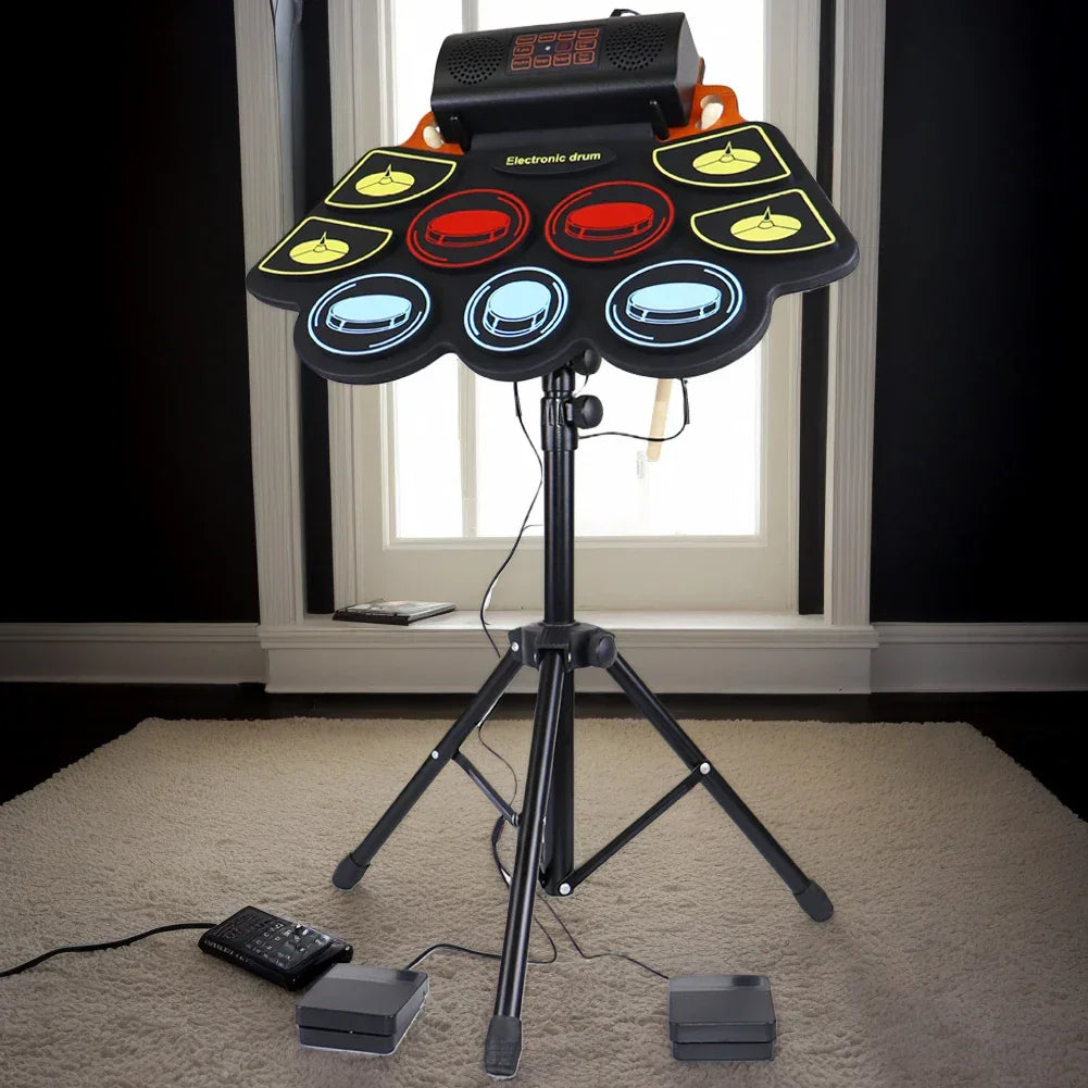 Electronic Drum Set With Drum Sticks Pedals Music Drums 9 Pad Roll-Up Drum Musical Electronic Drums Instrument For Kids Adults